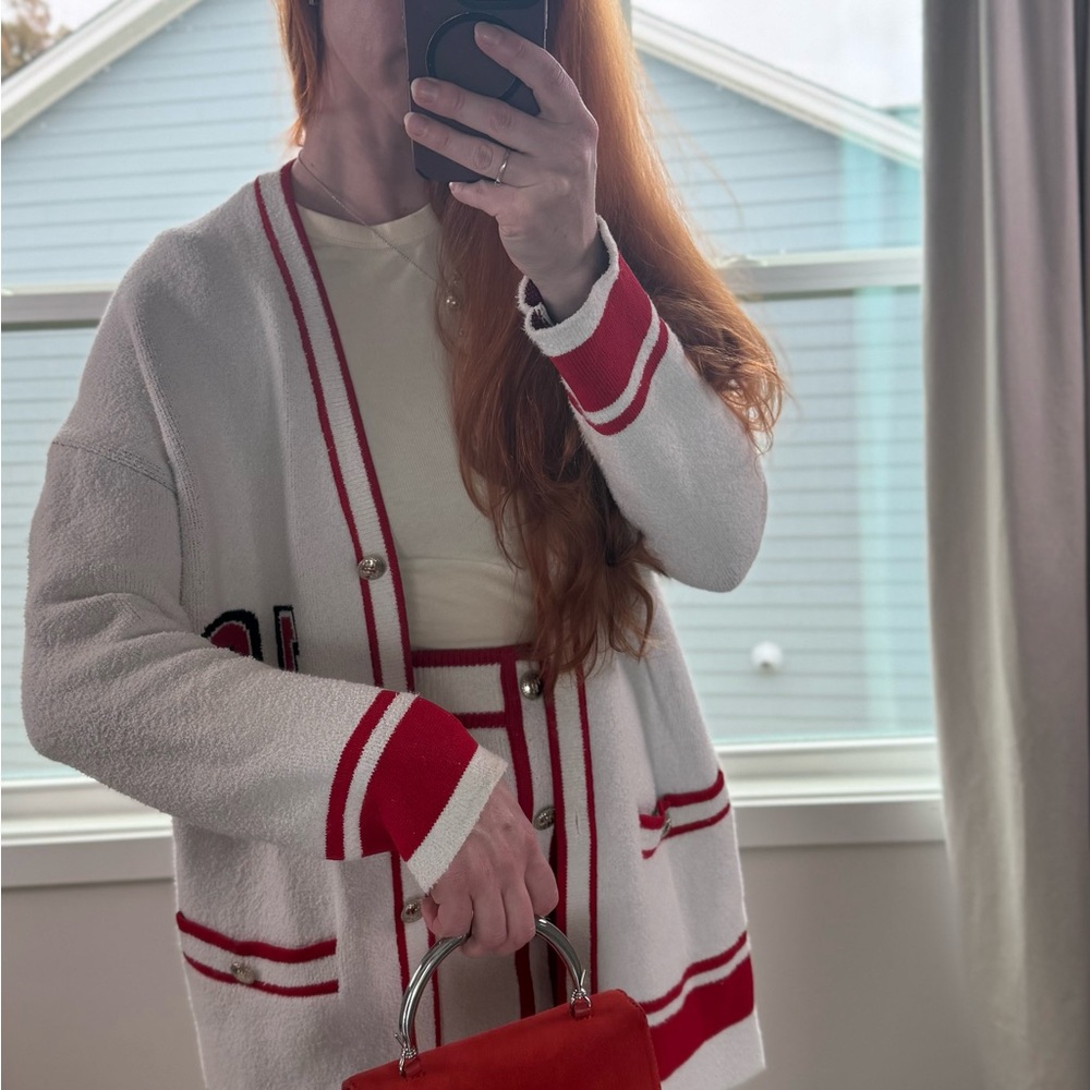 Maje Red and White Knit Cardigan and skirt top size 3, skirt size 36 - Picture 4 of 10